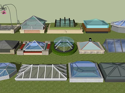 Various Architectural Skylight Structures With Glass Panels And Diverse Roof Designs 3d model