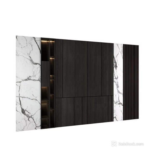 Modern Wall Decor With Marble Panels And Dark Wood Accents Vertical Striped Design For Interior 3d model 