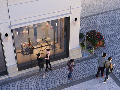 People Window Shopping At Storefront With Display Items On Urban Street 3d model