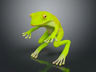 Green Frog Standing With Yellow Eyes And Stretched Limbs On Dark Surface With Reflection 3d model