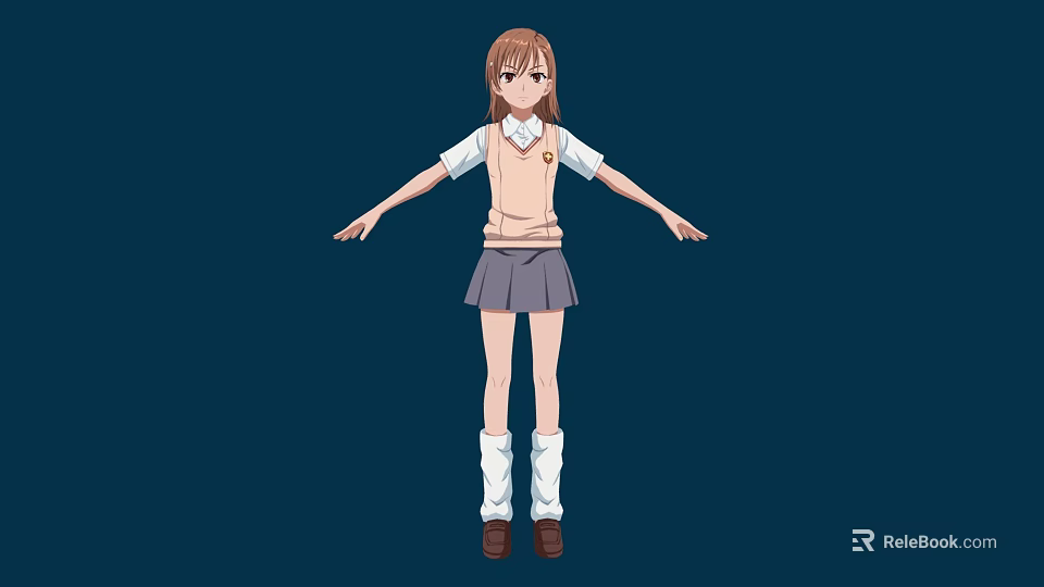 Anime School Girl With Brown Hair Wearing White Shirt Gray Skirt And Dark Blue Background 3d model 