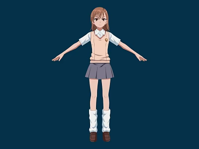 Anime School Girl With Brown Hair Wearing White Shirt Gray Skirt And Dark Blue Background 3d model