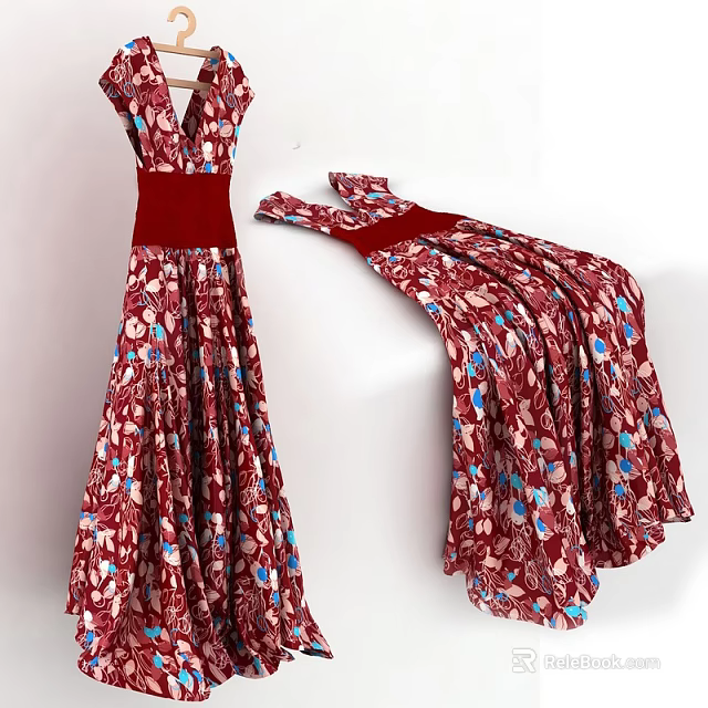 Elegant Red Maxi Dress With Red Belt And Colorful Floral Print 3d model 