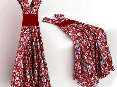 Elegant Red Maxi Dress With Red Belt And Colorful Floral Print 3d model