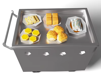 Metal Dessert Cart With Square Cakes Round Puffs Yellow Snacks And Decorated Roll 3d model