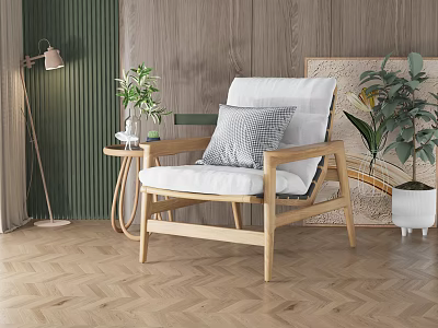 Leisure Chair With Wooden Frame White Cushion Gray Pillow And Potted Plants Near Side Table 3d model