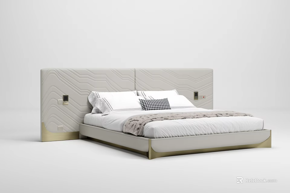 Light Grey Double Bed With Wavy Pattern Headboard Gold Accents And White Bedding 3d model
