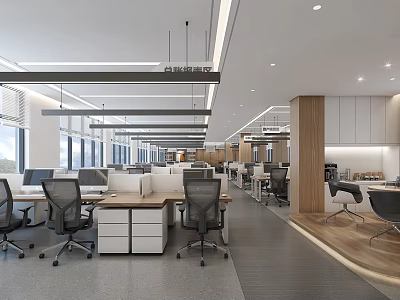 Modern Public Office Space With Open Desks Ergonomic Chairs Windows Lighting And Storage Cabinets 3d model