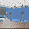 Professional Studio Setup With Multiple Cameras Computers On Desk Blue Background And Lighting Equipment 3d model