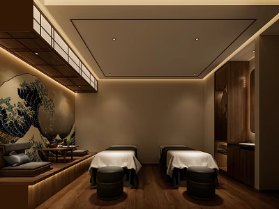 Relaxing SPA Sauna Interior With Massage Beds Wooden Flooring Wave Artwork And Wooden Elements 3d model
