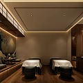 Relaxing SPA Sauna Interior With Massage Beds Wooden Flooring Wave Artwork And Wooden Elements