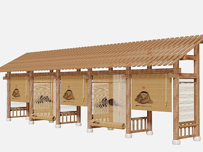 Traditional Wooden Pergola With Tile Roof Bamboo Curtains And White Pillars 3d model