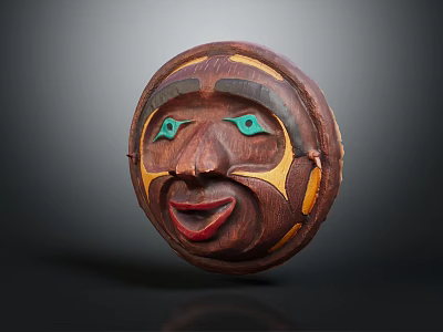 Traditional Wooden Sculpture Carving Circular Mask With Green Eyes Red Lips Yellow Accents 3d model