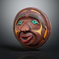 Traditional Wooden Sculpture Carving Circular Mask With Green Eyes Red Lips Yellow Accents