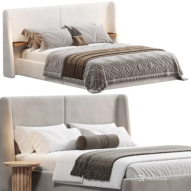 Modern Double Bed Interior With Upholstered Headboard Soft Pillows And Textured Bedspread 3d model 