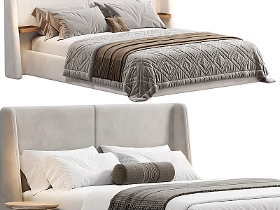 Modern Double Bed Interior With Upholstered Headboard Soft Pillows And Textured Bedspread 3d model