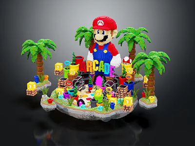 Vibrant Cartoon Scene With Red Hat Character Palm Trees ARCADE Sign And Colorful Block Elements 3d model