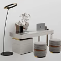 Modern Desk Interior With Laptop Floor Lamp Flower Vase Storage Drawers And Round Stools