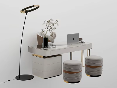 Modern Desk Interior With Laptop Floor Lamp Flower Vase Storage Drawers And Round Stools 3d model