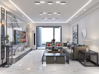 Bright Modern New Chinese Style Living Room With Marble Feature Wall And Comfortable Sofa Set 3d model