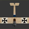 Vintage Biplane Model with Beige Wings Black Cross Symbols and Blue Stripe Design