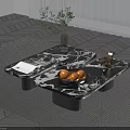 Modern Black and White Marble Top Coffee Table with Vase Green Plant and Oranges