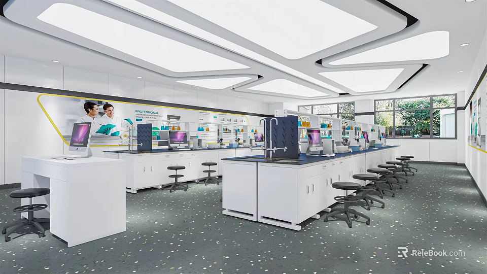 Modern Laboratory Interior With White Lab Benches Black Stools Equipment And Windows 3d model 