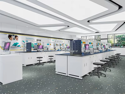 Modern Laboratory Interior With White Lab Benches Black Stools Equipment And Windows 3d model