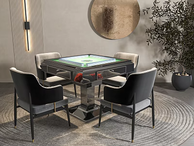 Elegant Modern Entertainment Room Interior With Mahjong Table Chairs And Round Mirror Plant 3d model
