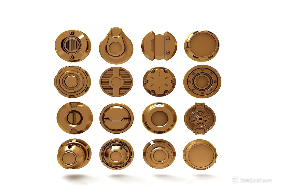 Gold Round Buttons Set Featuring Various Designs And Metallic Shiny Finish 3d model 