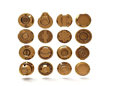 Gold Round Buttons Set Featuring Various Designs And Metallic Shiny Finish 3d model