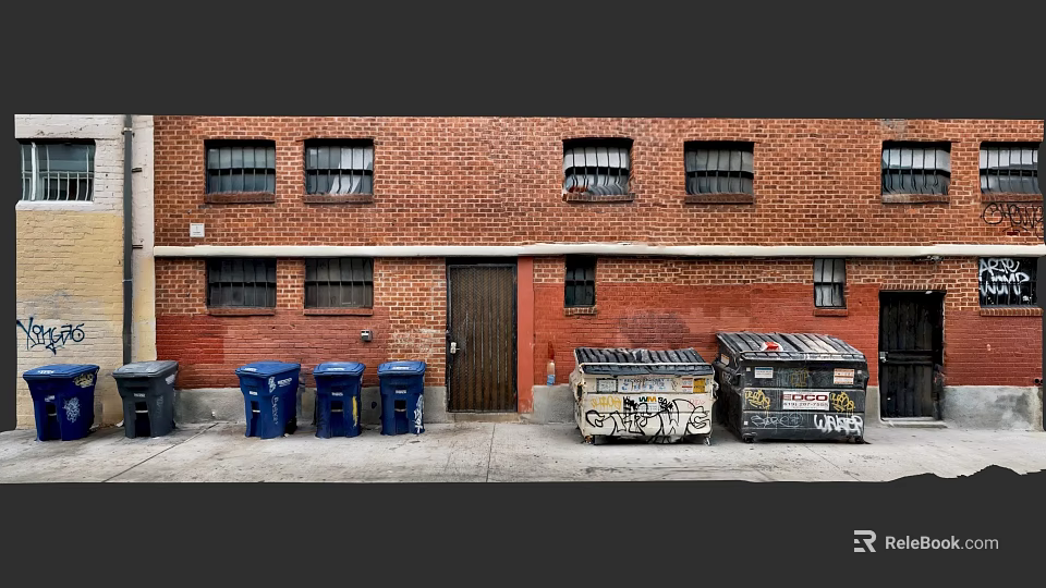 Urban Red Brick Building With Multiple Windows Wooden Door Blue Trash Bins And Graffiti Dumpsters 3d model 