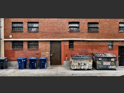 Urban Red Brick Building With Multiple Windows Wooden Door Blue Trash Bins And Graffiti Dumpsters 3d model