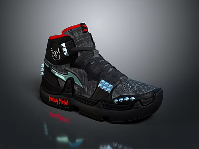 High Top Shoes With Red And Black Colorway Glowing Details Joyful Metal Text And Reflective Sole 3d model
