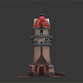 Cartoon Style Whimsical Tower With Red Roof Small House And Ornate Windows On Red Base