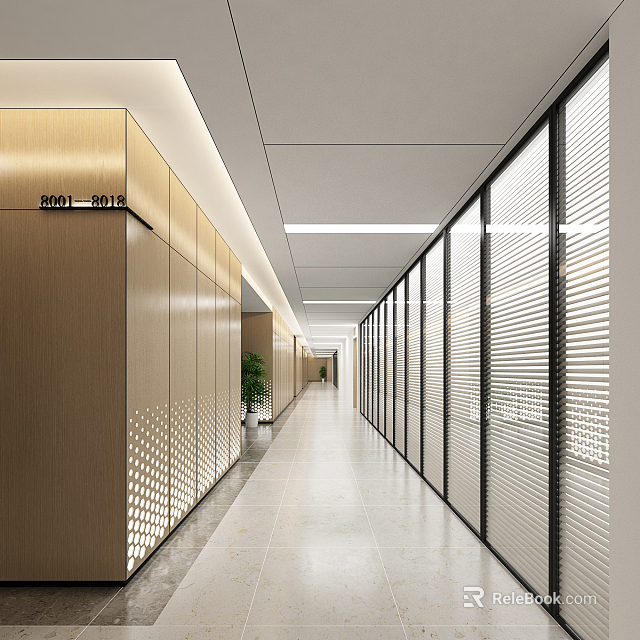 Modern Office Corridor With Wooden Walls Glass Partitions Green Plants And Ceiling Lighting 3d model 