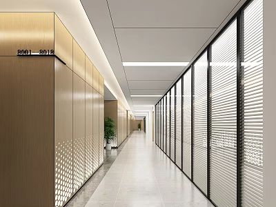 Modern Office Corridor With Wooden Walls Glass Partitions Green Plants And Ceiling Lighting 3d model