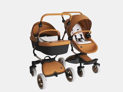 Stylish Tan Double Baby Strollers With Black Frame White Seats And Wheels 3d model