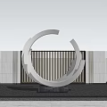 Silver Circular Landscape Sculpture With Vertical Striped Gray Walls And Reflective Ground