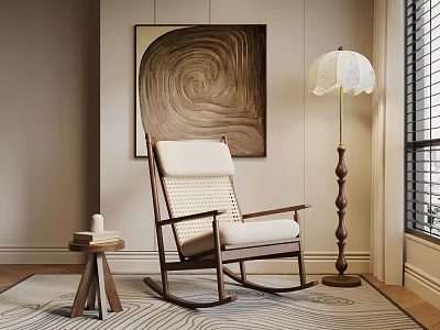 Rocking Leisure Chair With Beige Cushion Wooden Frame Floor Lamp And Decorative Painting In Interior 3d model
