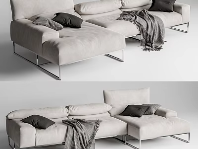 Light Gray Sectional Sofa With Black Pillows Gray Blanket And Metal Legs 3d model