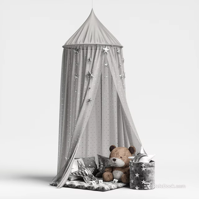 Gray Bed Canopy With Hanging Star Decorations And Soft Teddy Bear 3d model