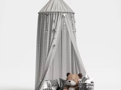 Gray Bed Canopy With Hanging Star Decorations And Soft Teddy Bear 3d model