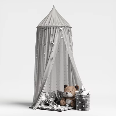 Gray Bed Canopy With Hanging Star Decorations And Soft Teddy Bear 3d model