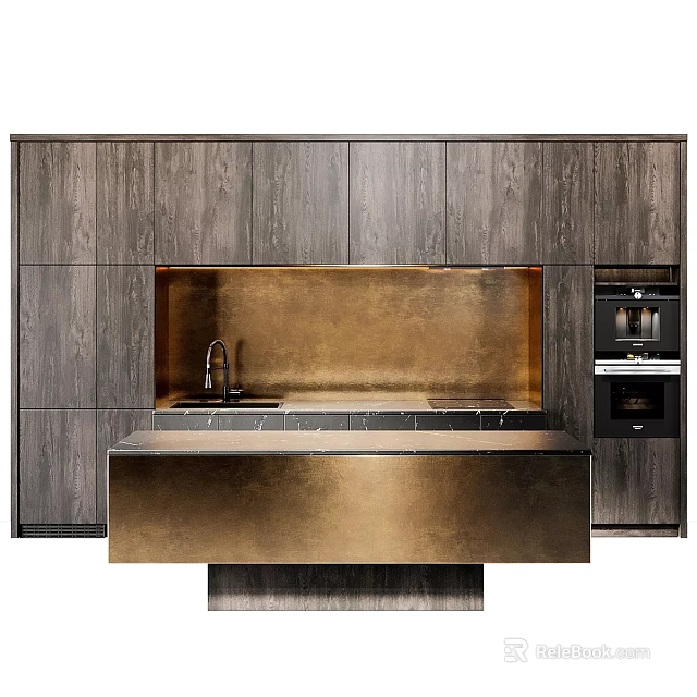 Sleek Dark Wooden Kitchen Cabinets With Golden Countertop And Built-in Appliances 3d model 