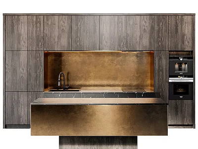 Sleek Dark Wooden Kitchen Cabinets With Golden Countertop And Built-in Appliances 3d model