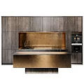 Sleek Dark Wooden Kitchen Cabinets With Golden Countertop And Built-in Appliances