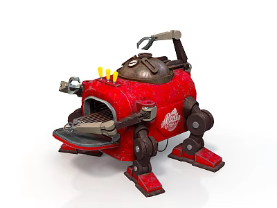 Red Mechanical Character With Metal Body And Mechanical Legs Supporting Structure 3d model