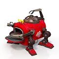 Red Mechanical Character With Metal Body And Mechanical Legs Supporting Structure