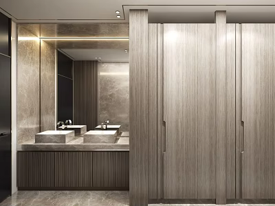 Modern Light Luxury Bathroom Interior With Double Sink Vanity And Wood Textured Partition Marble Walls 3d model